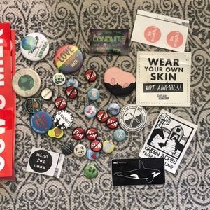 Various vegan related pins and buttons